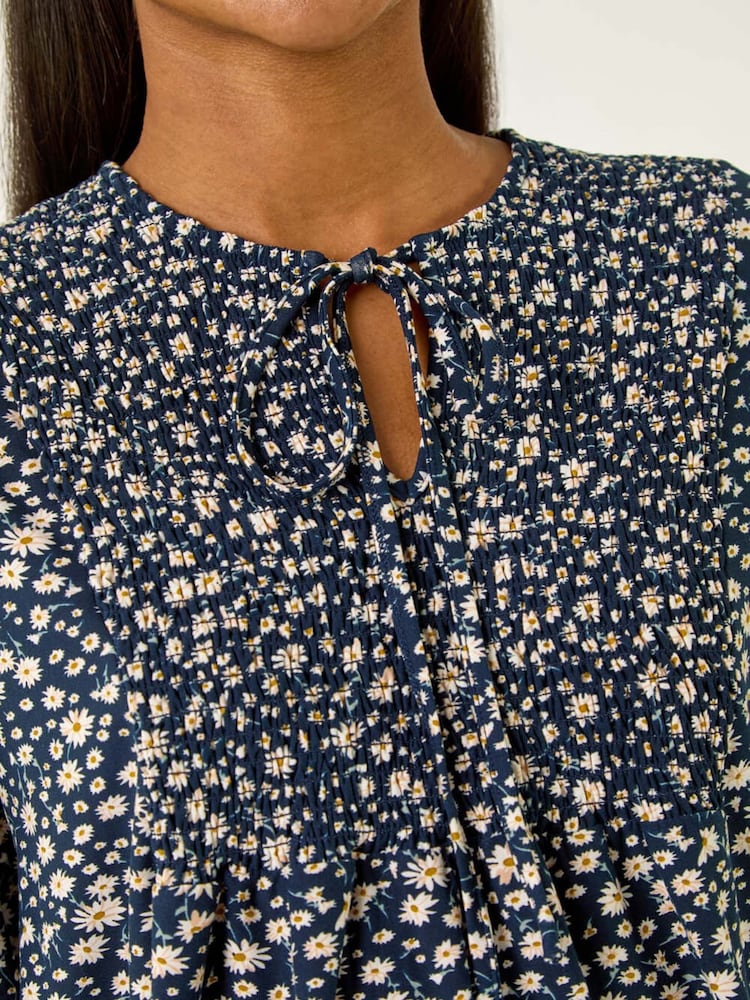 Roman Blue Printed Shirred Tie Neck Blouse - Image 5 of 5