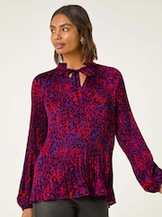Roman Red Animal Print Tie Neck Pleated Blouse - Image 1 of 5
