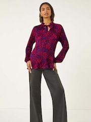 Roman Red Animal Print Tie Neck Pleated Blouse - Image 2 of 5