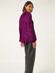 Roman Red Animal Print Tie Neck Pleated Blouse - Image 3 of 5