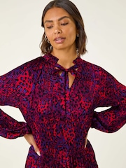 Roman Red Animal Print Tie Neck Pleated Blouse - Image 4 of 5