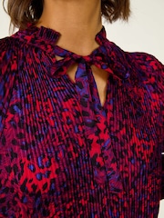 Roman Red Animal Print Tie Neck Pleated Blouse - Image 5 of 5