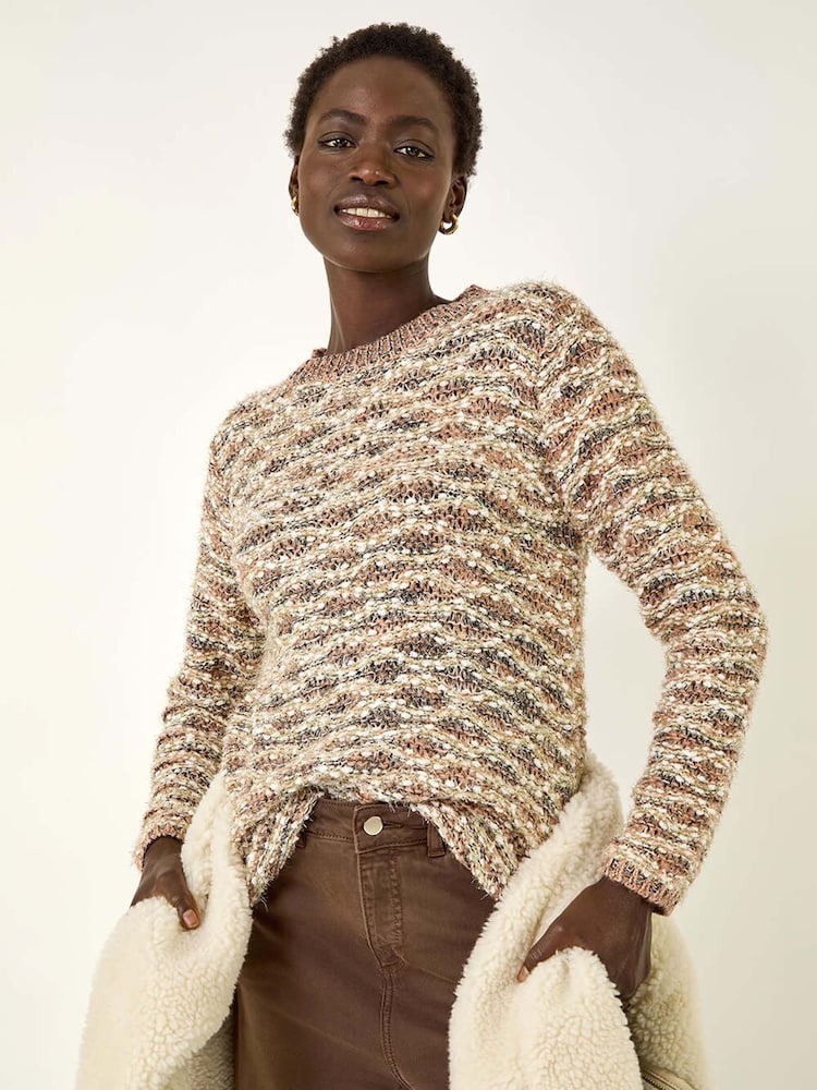 Roman Brown Metallic Curved Hem Knit Jumper - Image 1 of 5 Roman Brown Metallic Curved Hem Knit Jumper - Image 1 of 5