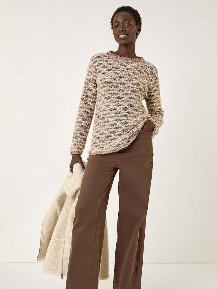 Roman Brown Metallic Curved Hem Knit Jumper - Image 2 of 5 Roman Brown Metallic Curved Hem Knit Jumper - Image 2 of 5