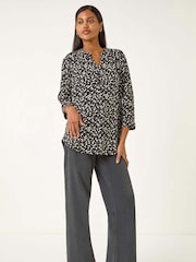 Roman Black Floral Puff Print Stretch Shirt - Image 1 of 5