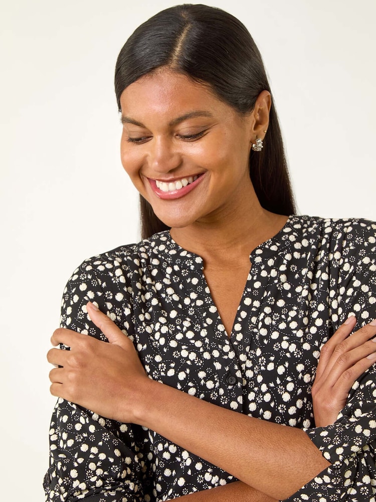 Roman Black Floral Puff Print Stretch Shirt - Image 2 of 5