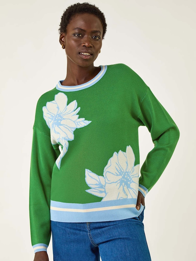 Roman Green Colour Block Floral Knit Jumper - Image 1 of 5 Roman Green Colour Block Floral Knit Jumper - Image 1 of 5