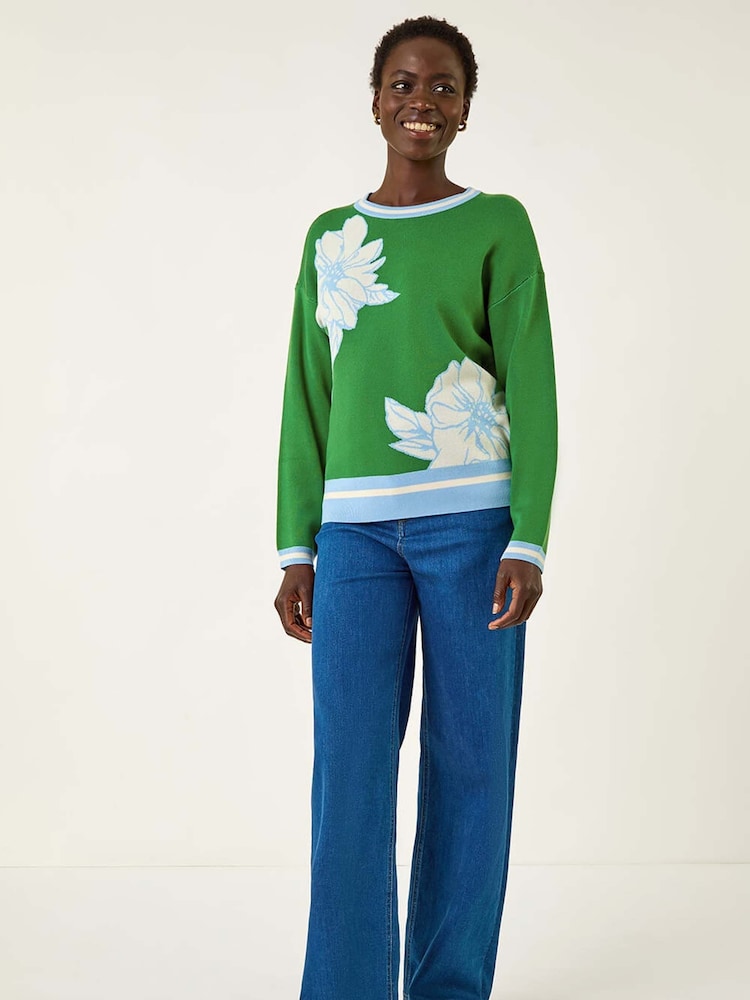Roman Green Colour Block Floral Knit Jumper - Image 2 of 5 Roman Green Colour Block Floral Knit Jumper - Image 2 of 5