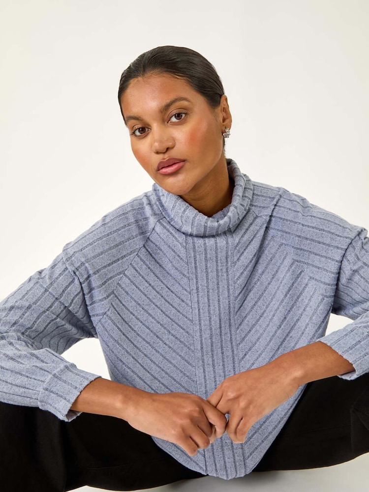 Roman Blue Textured Stripe Cowl Neck Blouse - Image 2 of 5