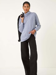 Roman Blue Textured Stripe Cowl Neck Blouse - Image 3 of 5