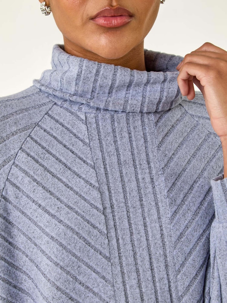 Roman Blue Textured Stripe Cowl Neck Blouse - Image 5 of 5