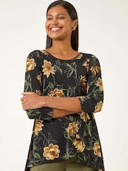 Roman Yellow Floral Print Stretch Tunic Top - Image 2 of 5