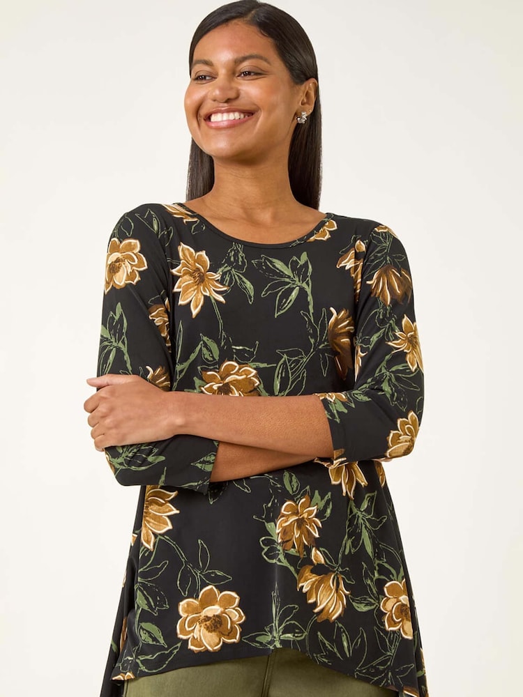 Roman Yellow Floral Print Stretch Tunic Top - Image 2 of 5