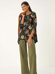 Roman Yellow Floral Print Stretch Tunic Top - Image 3 of 5