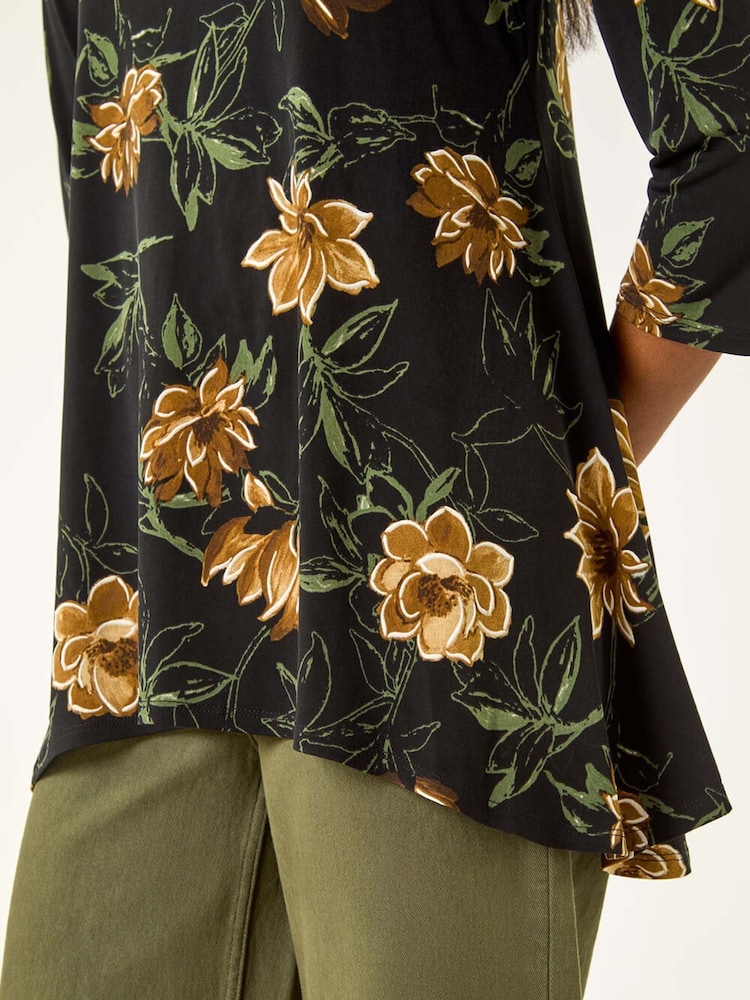 Roman Yellow Floral Print Stretch Tunic Top - Image 5 of 5