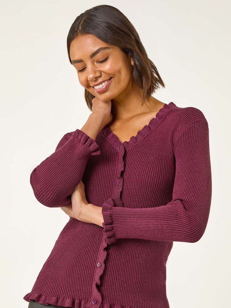 Roman Red V-Neck Ruffle Knit Cardigan - Image 2 of 3 Roman Red V-Neck Ruffle Knit Cardigan - Image 2 of 3