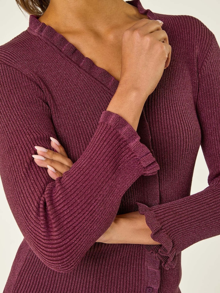 Roman Red V-Neck Ruffle Knit Cardigan - Image 3 of 3 Roman Red V-Neck Ruffle Knit Cardigan - Image 3 of 3