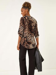 Roman Brown Animal Puff Print Stretch Blouse - Image 3 of 5