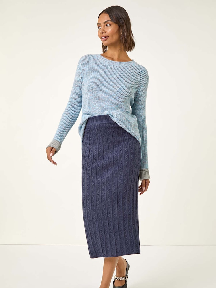 Roman Blue Cable Knit Midi Pencil Skirt - Image 2 of 5 Roman Blue Cable Knit Midi Pencil Skirt - Image 2 of 5