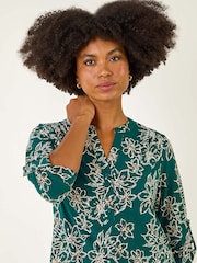 Roman Blue Floral Print Puff Stretch Blouse - Image 1 of 5