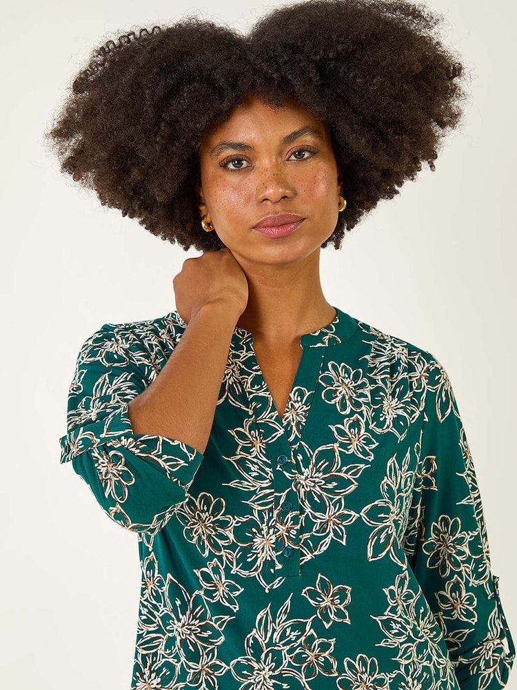 Roman Blue Floral Print Puff Stretch Blouse - Image 1 of 5