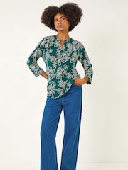Roman Blue Floral Print Puff Stretch Blouse - Image 2 of 5