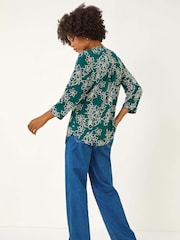 Roman Blue Floral Print Puff Stretch Blouse - Image 3 of 5