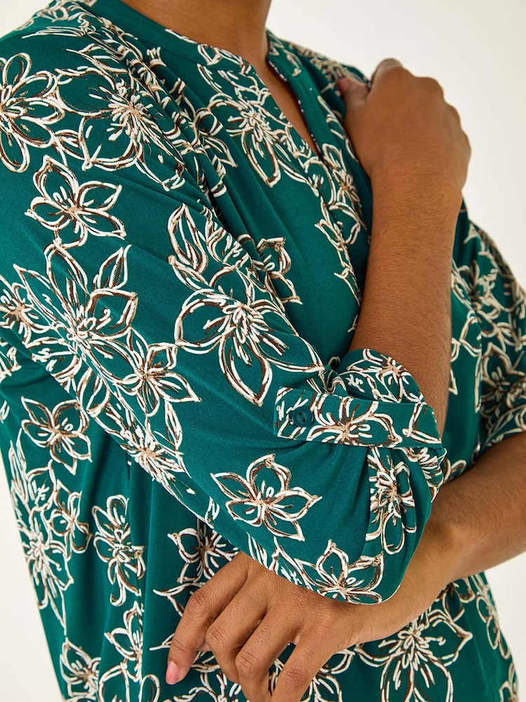 Roman Blue Floral Print Puff Stretch Blouse - Image 5 of 5
