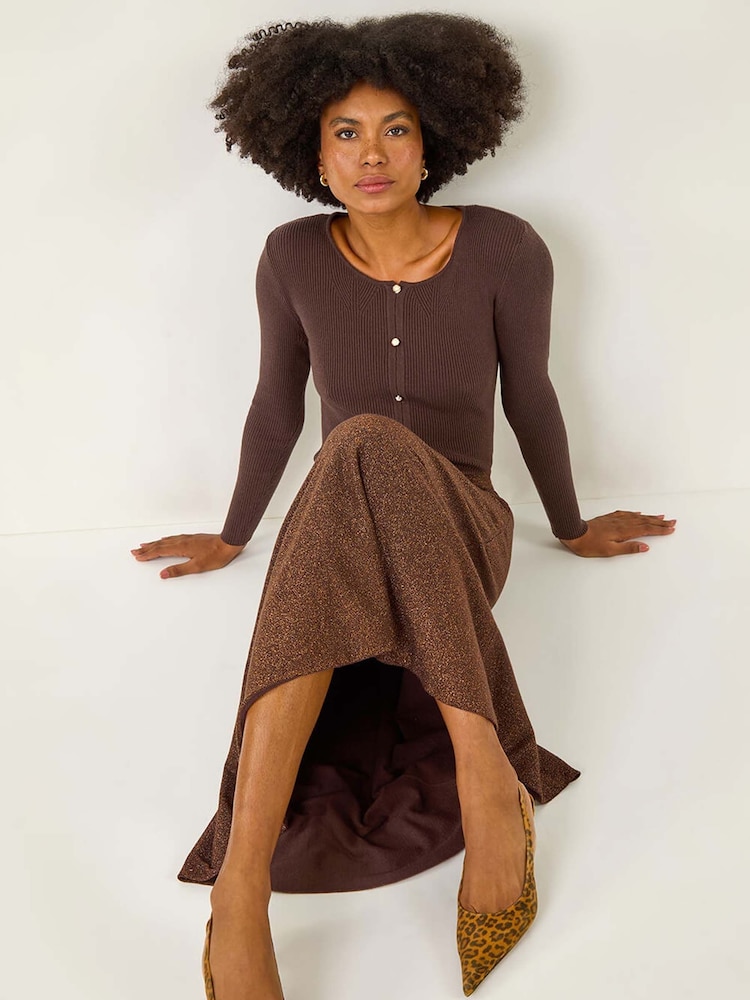 Roman Brown Shimmer Knit Midi Skirt - Image 1 of 5 Roman Brown Shimmer Knit Midi Skirt - Image 1 of 5