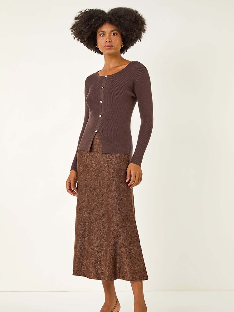 Roman Brown Shimmer Knit Midi Skirt - Image 2 of 5 Roman Brown Shimmer Knit Midi Skirt - Image 2 of 5