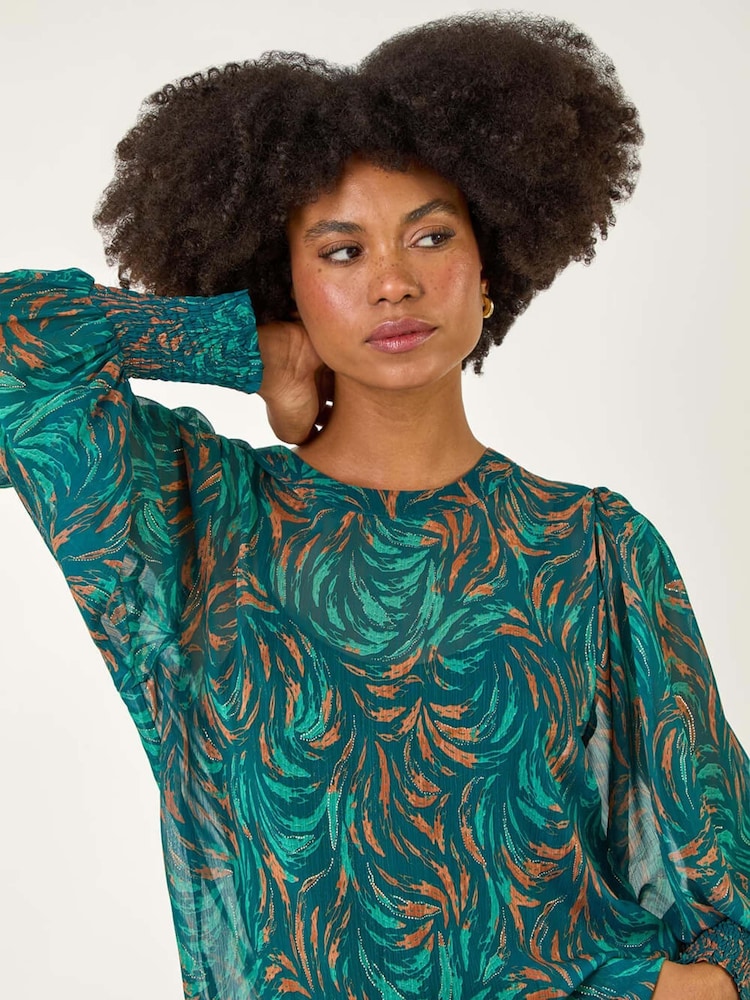 Roman Green Metallic Abstract Printed Blouse - Image 1 of 5