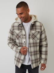 Threadbare Cream Check Quilted Shacket with Borg Lined Hood - Image 1 of 4