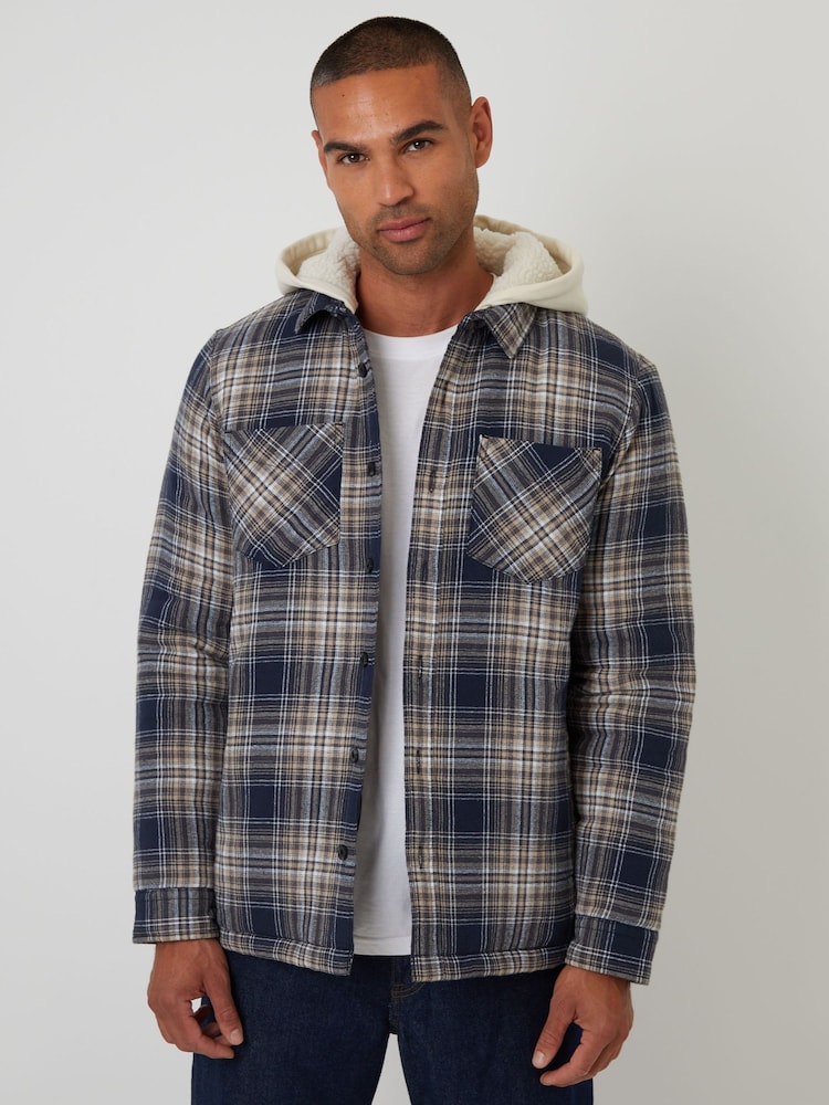 Threadbare Blue Check Quilted Shacket with Borg Lined Hood - Image 1 of 4