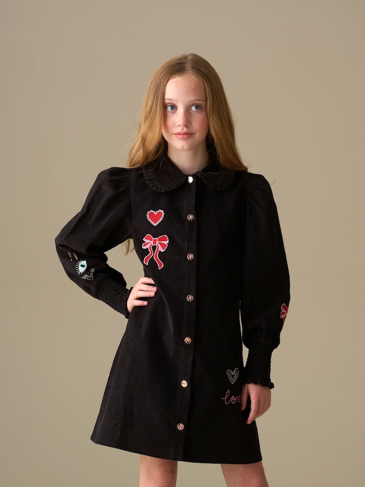 Angel & Rocket Black Connie Embroidered Cord Shirt Dress - Image 1 of 7