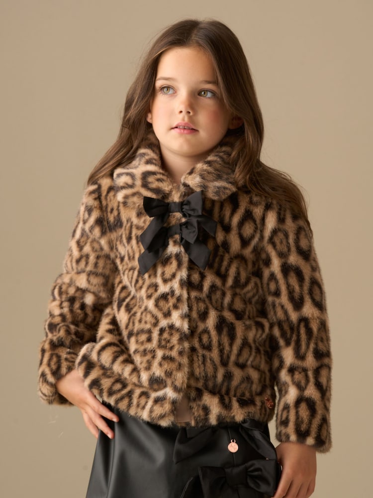 Angel & Rocket Brown Corine Leopard Print Fur Bow Coat - Image 2 of 8 Angel & Rocket Brown Corine Leopard Print Fur Bow Coat - Image 2 of 8