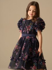 Angel & Rocket Blue Florence Navy Ruffle Mesh Sleeve Dress - Image 1 of 9