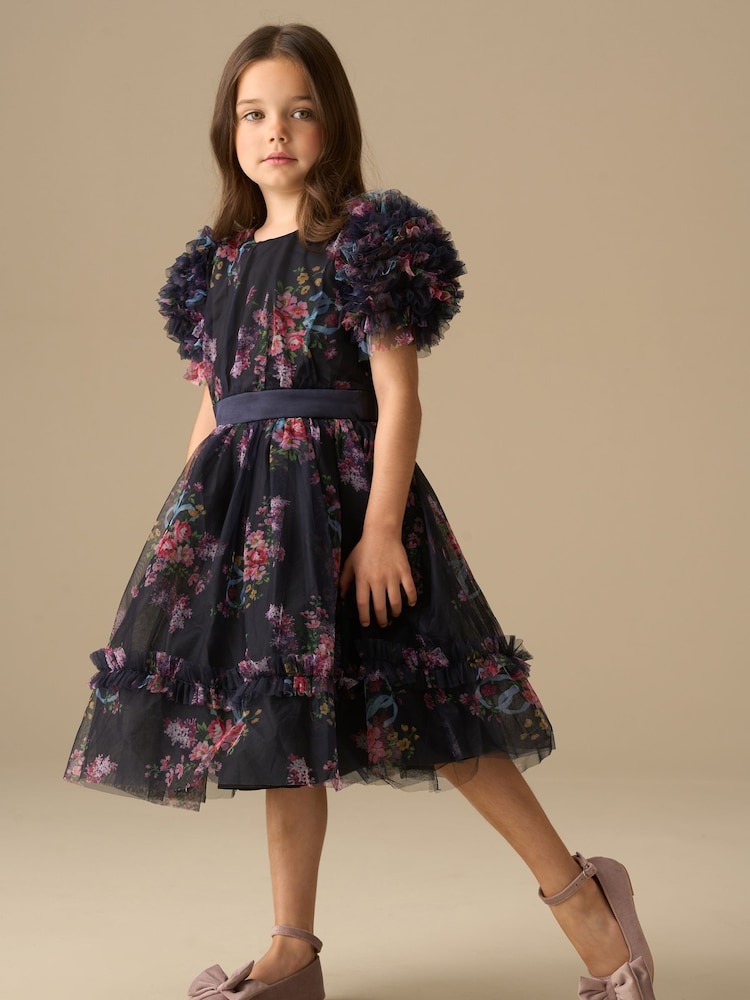 Angel & Rocket Blue Florence Navy Ruffle Mesh Sleeve Dress - Image 2 of 9