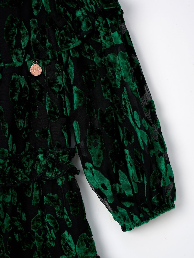 Angel & Rocket Green Poppy Devore Velvet Tiered Dress - Image 7 of 7 Angel & Rocket Green Poppy Devore Velvet Tiered Dress - Image 7 of 7