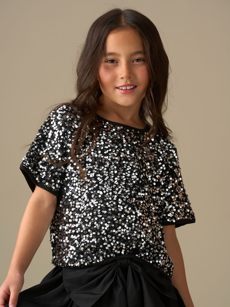 Angel & Rocket Silver Leona Black Sequin Top - Image 1 of 8 Angel & Rocket Silver Leona Black Sequin Top - Image 1 of 8