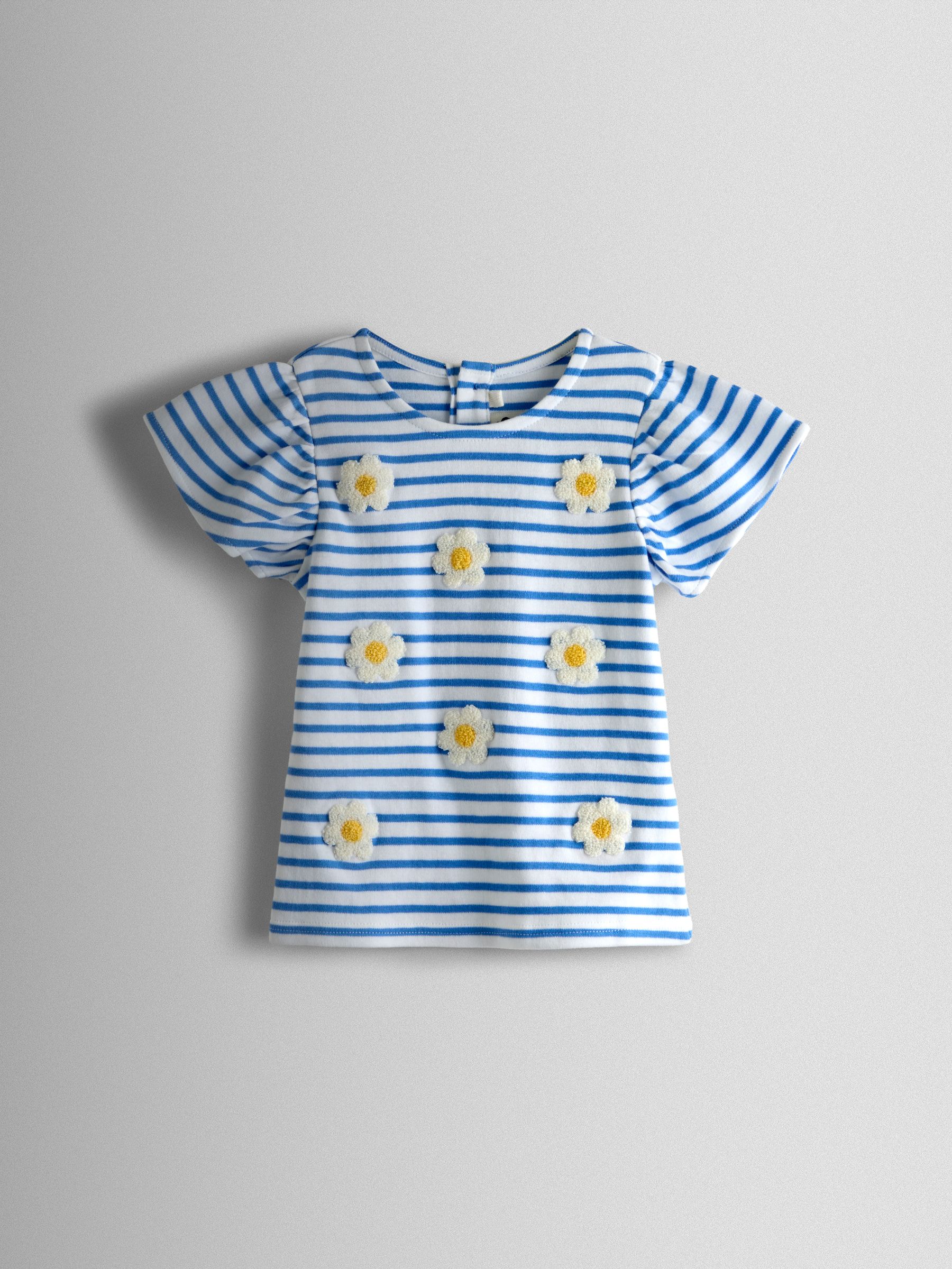 Jojo Maman Bébé Blue Daisy Bouclé Appliqué Frill Sleeve T-Shirt