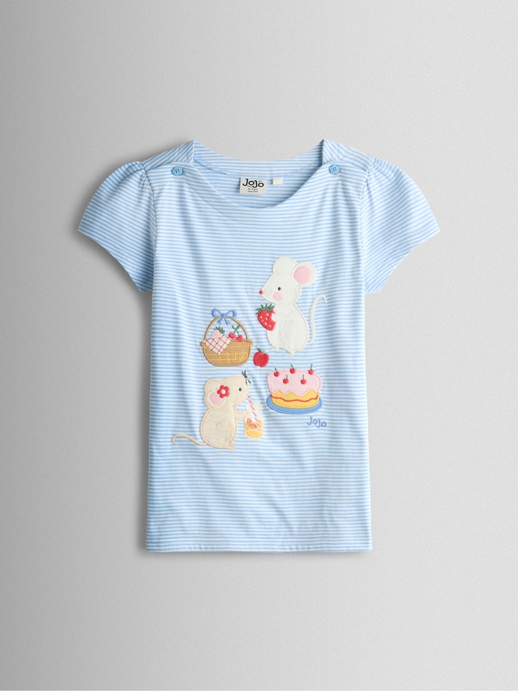 JoJo Maman Bébé Blue Appliqué Button Shoulder T-Shirt - Image 1 of 3