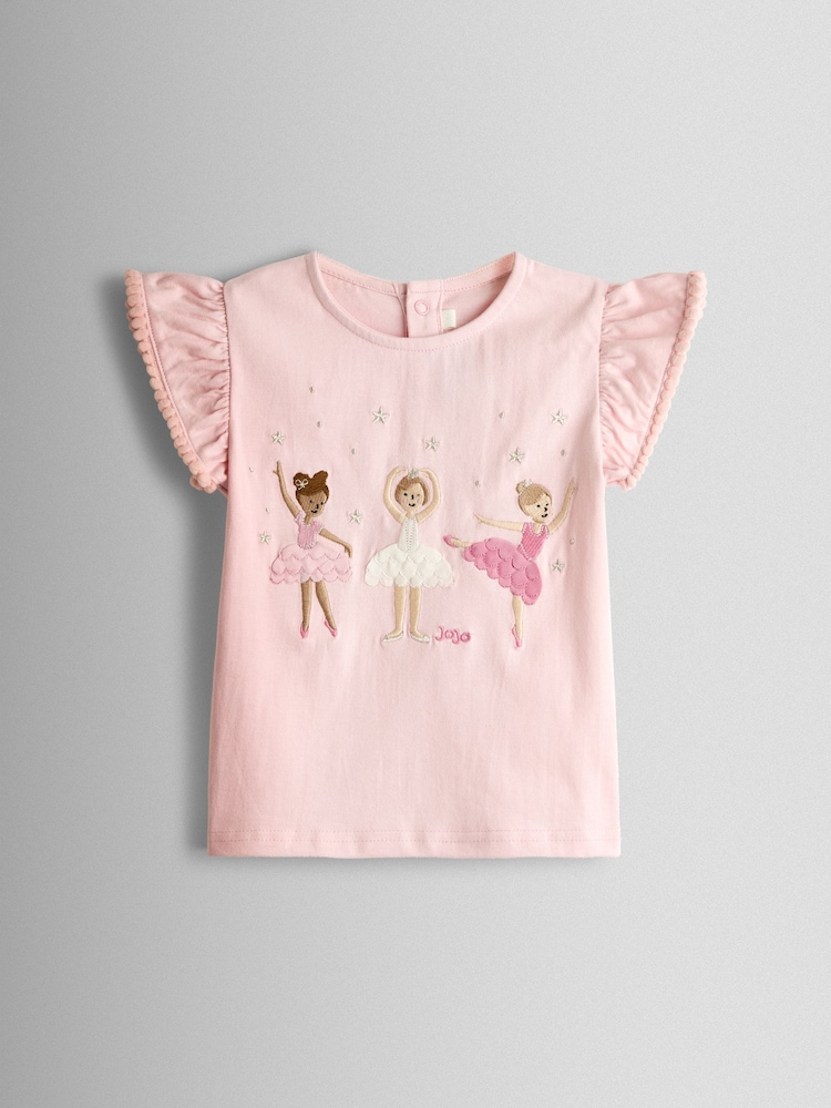 JoJo Maman Bébé Pink Applique Frill Shoulder T-Shirt - Image 1 of 3