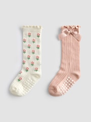 JoJo Maman Bébé Pink 2-Pack Ditsy Floral Knee High Socks - Image 1 of 4