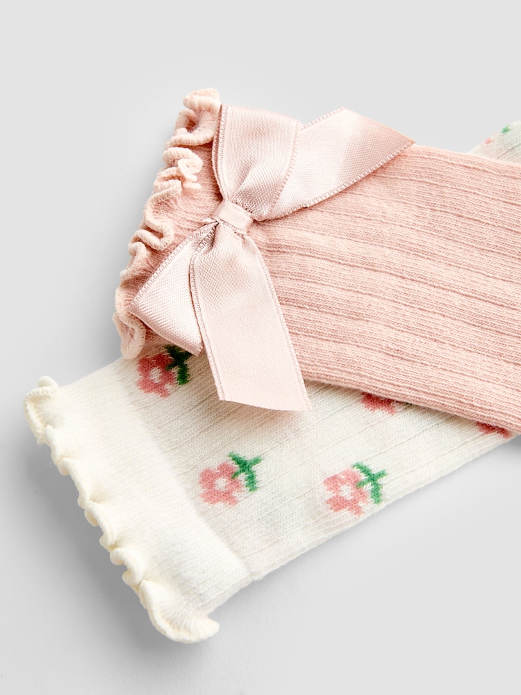 JoJo Maman Bébé Pink 2-Pack Ditsy Floral Knee High Socks - Image 4 of 4
