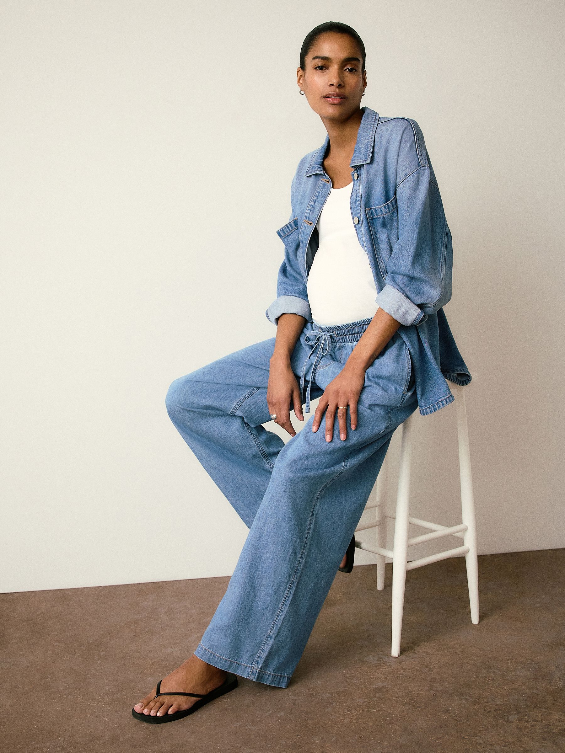 Buy Light Blue Denim Maternity Linen Blend Drawstring Wide Leg