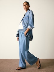 Light Blue Denim Maternity Linen Blend Drawstring Wide Leg Jeans - Image 2 of 10