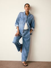Light Blue Denim Maternity Linen Blend Drawstring Wide Leg Jeans - Image 3 of 10