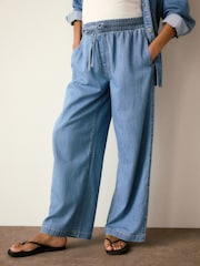Light Blue Denim Maternity Linen Blend Drawstring Wide Leg Jeans - Image 4 of 10