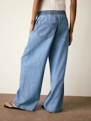 Light Blue Denim Maternity Linen Blend Drawstring Wide Leg Jeans - Image 5 of 10