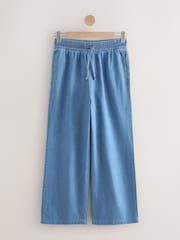 Light Blue Denim Maternity Linen Blend Drawstring Wide Leg Jeans - Image 7 of 10